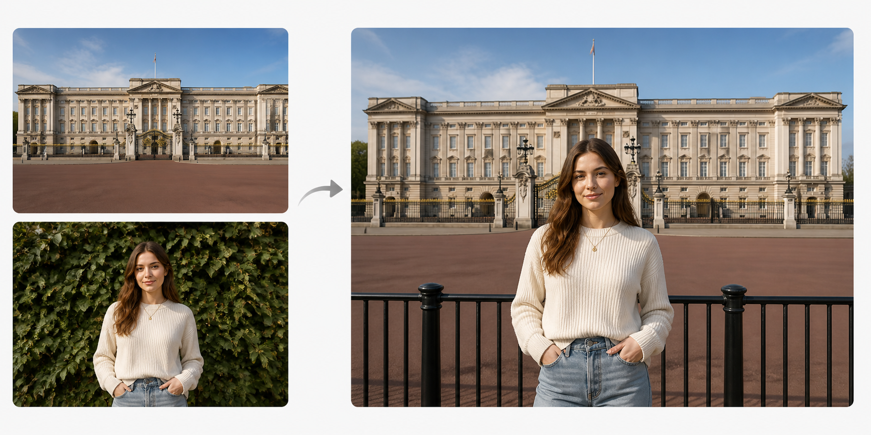 Buckingham Palota fotó és külön készült portré egy közös, természetes képpé olvasztva