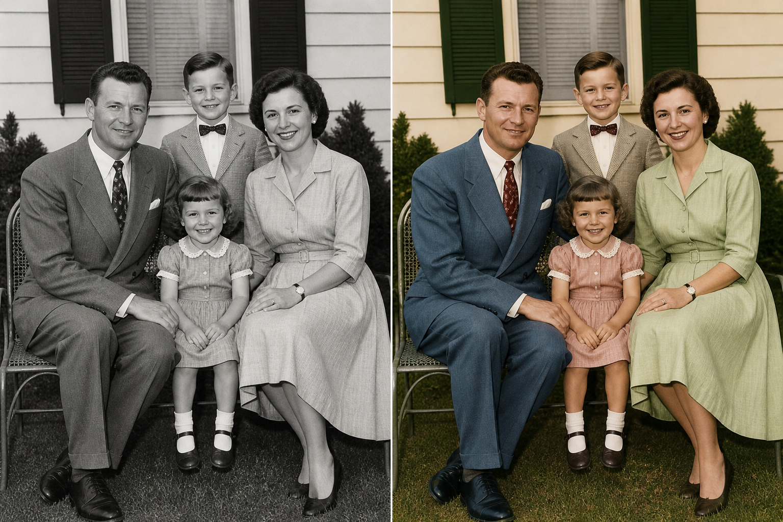 1950-es fekete-fehér családi portré természetes, valósághű színekkel kiszínezve