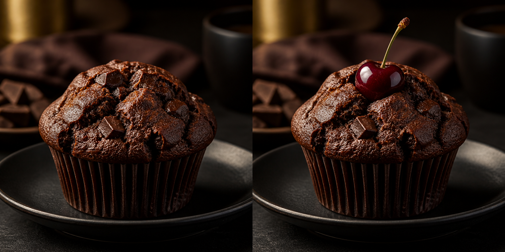 Csokoládés muffin sima állapotban, és ugyanaz a muffin a tetején AI-val generált cseresznyével